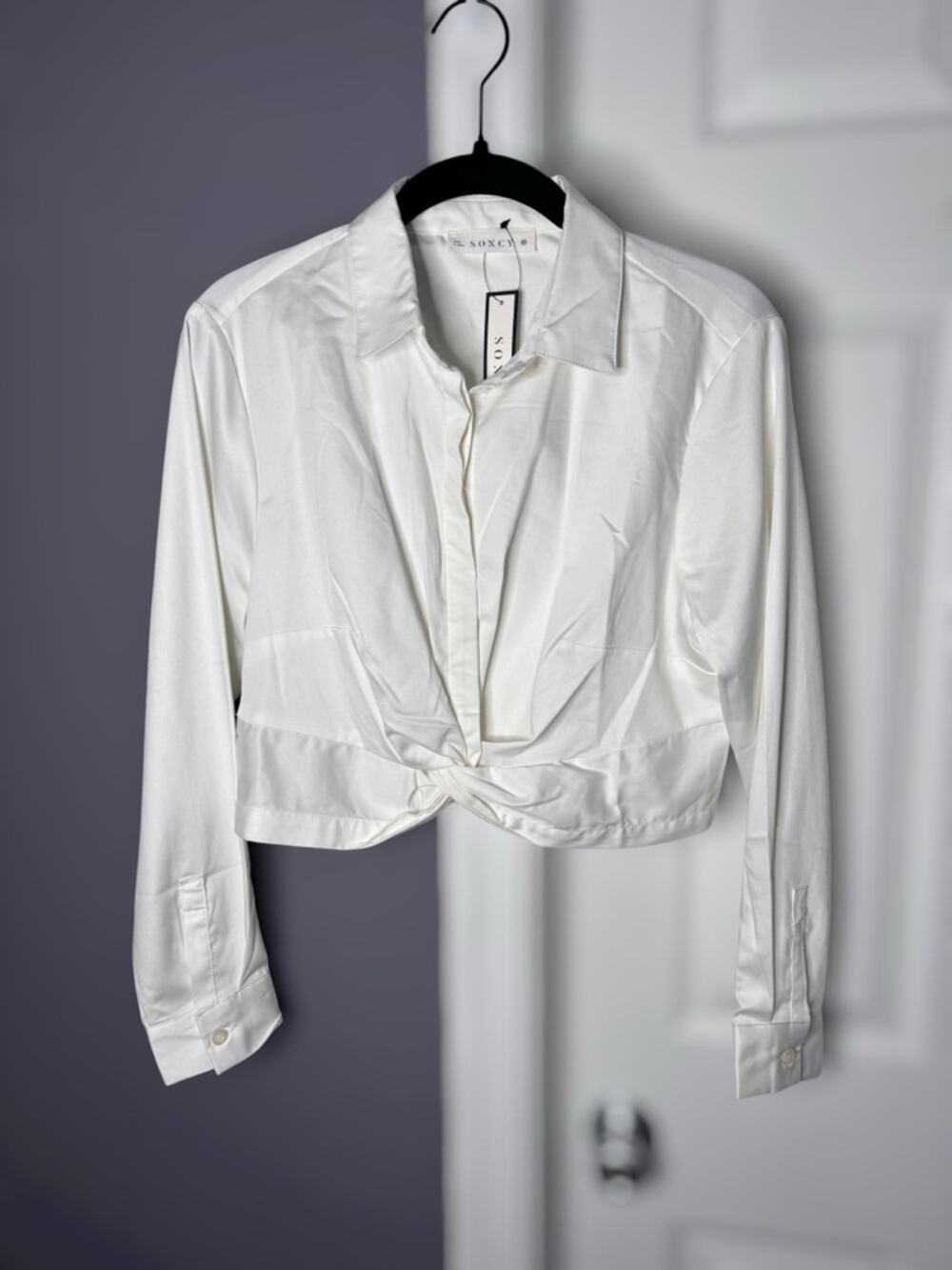 Soncy White Collared Cropped Blouse Bamboo Blend L (00)